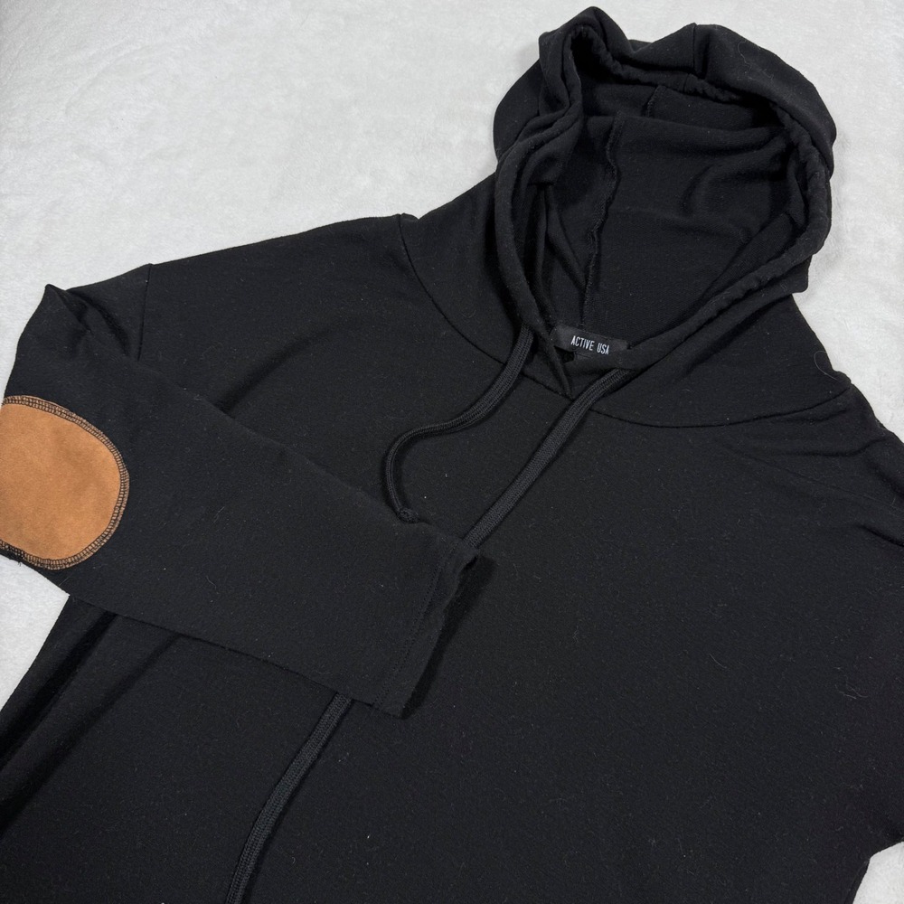 ACTIVE USA Black‎ Hoodie Sweatshirt Suede Elbow Patches Drawstring Medium
